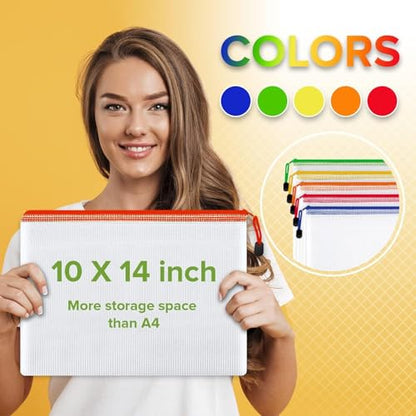5 Pack Mesh Zipper Pouch Bags 10x14 inch - Plastic Zipper Pouches for Organizing - Document Bags with Zippered - Letter Size Zippered Pouch - Document Pouches Clear Zip Bags - Mesh Storage Bags - size: 5 Pack 10x14