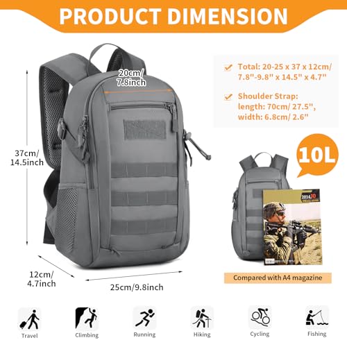 HUNTVP 10L Tactical Backpack Small Backpack Mini Daypack Military MOLLE Rucksack Gear Tactical Assault Pack Bag for Hunting Camping Trekking(10l-grey) - color: Grey, size: 10L