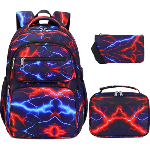 Bevalsa Backpack for Boys, Lightning School Bags with Lunch Bag & Pen Case for Kids, Bookbag for Boys Teens Elementary Middle High School - color: Red Blue