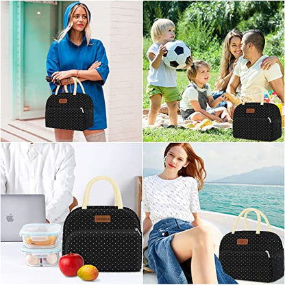 Coobiiya Lunch Bag Women,Lunch Box LunchBag for Women Adult Men, Small Leakproof Cute Lunch Tote Large Capacity Reusable Insulated Cooler Lunch Container for Work/Office/Picnic/Travel-Black Polka Dot - color: Dot