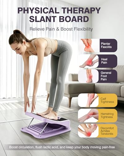 9-Level Adjustable Slant Board for Calf Stretching, Incline Board with 2 Resistance Bands, Portable Calf Stretcher forTeenagers, Office Foot Rest & Physical Therapy Equipment (Purple)