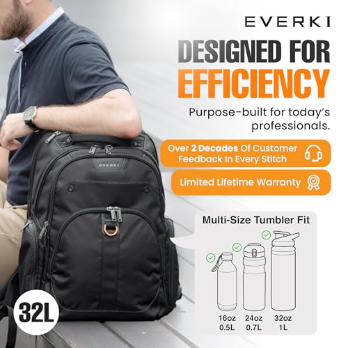EVERKI Atlas Business 32L Laptop Backpack – Travel-Friendly Business & Office, Professional Backpack for Men & Women, Durable Computer Bag with Adjustable Padded Compartment, Fits 13"-17.3", Black - size: 32 Liters