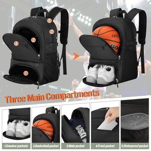 OCKLILY Basketball Backpack - Large Sports Equipment Bag with Ball Holder & Shoe Compartment, Sport Bags for Basketball, Soccer, Volleyball, Gym, School and Travel, 30L - color: Black