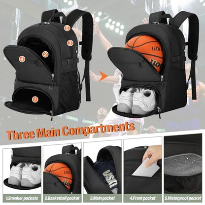 OCKLILY Basketball Backpack - Large Sports Equipment Bag with Ball Holder & Shoe Compartment, Sport Bags for Basketball, Soccer, Volleyball, Gym, School and Travel, 30L - color: Black