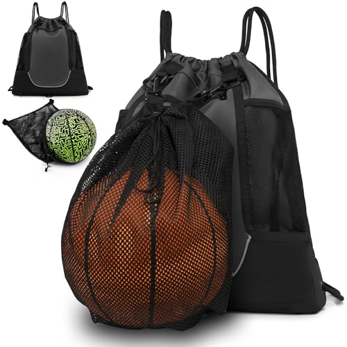 STAY GENT Drawstring Basketball Backpack for Boys, Foldable Soccer Backpack Gym Bag Sackpack Sports Sack with Detachable Ball Mesh Bag for Volleyball Baseball Yoga - color: Grey