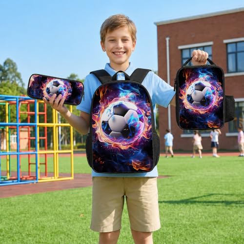 Soccer Backpack Set for School, 17 Inch Casual School Bags with Lunch Box, Kids Daypack Bags and Pencil Case Set for Teens Boys Men Students - color: Soccer