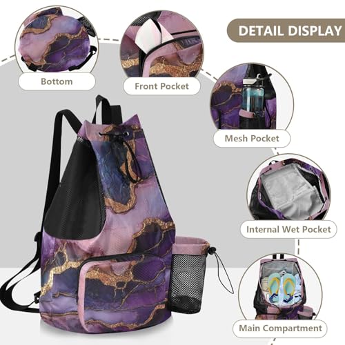 Mens Drawstring Bags Gym Sackpack With Water Bottle Pocket Cinch Pack Wet and Dry Separation Marble Purple Burgundy - color: Color 1