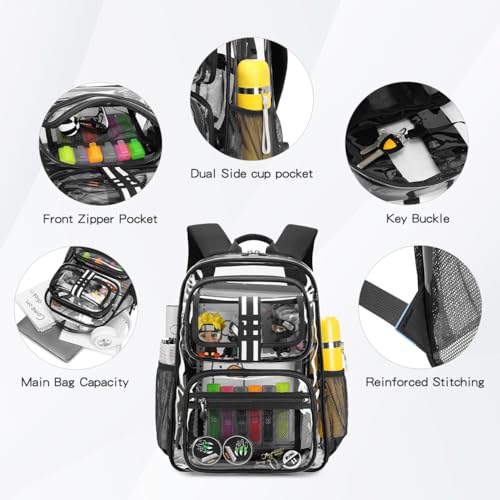 Cusangel Clear Backpack for kids,16in Heavy Duty Clear BookBag,TPU Large Capacity Black See Through bookbag for Stadiums,Concerts,Plastic transparente para mujer for 8Age+ - color: Black Clear 16in