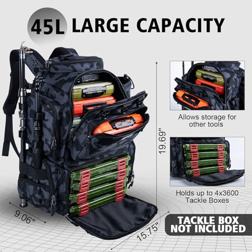 Goture Fishing Backpack,900D Water-Resistant Tackle Backpack with Rod Holders,45L Large Fishing Bag Storage Gear Tackle Bag with Rain Cover,Bottle Holder for Travel Camping Hiking(Without Tackle Box) - color: 45L Camo with Bottle Holder