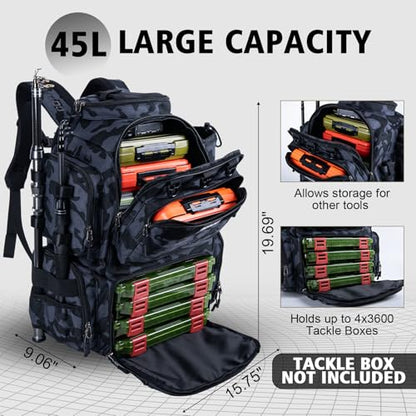 Goture Fishing Backpack,900D Water-Resistant Tackle Backpack with Rod Holders,45L Large Fishing Bag Storage Gear Tackle Bag with Rain Cover,Bottle Holder for Travel Camping Hiking(Without Tackle Box) - color: 45L Camo with Bottle Holder