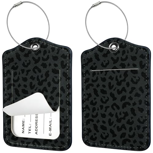2 PCS Luggage Tags for Suitcases,Cute Black Leopard PU Leather Name Tag with Privacy Cover&ID Label Address Card and Durable Metal Ring Suitable for Men Women Travel Bag - color: Black Leopard
