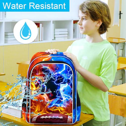AGSDON 3PCS Boys Backpack for Boys, 17" Kids Bookbag with Lunch Box for Boy,Rugby Flame Thunder Backpacks Water Resistant and Lightweight for Teen - color: Rugby 01