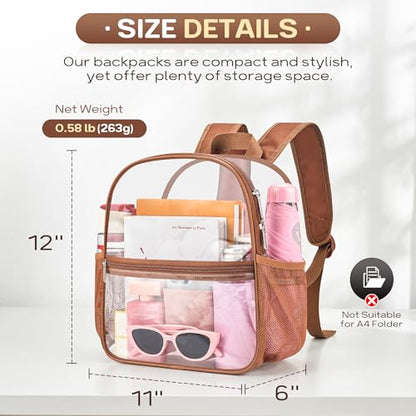 Oraben Clear Backpack Stadium Approved, 12 x 6 x 11 in, Small Transparent Backpack for Concerts, Sports Events, Festivals, Travel, Waterproof PVC, Adjustable Straps, Women Men - color: Coffee Brown, style: Enhanced Strap