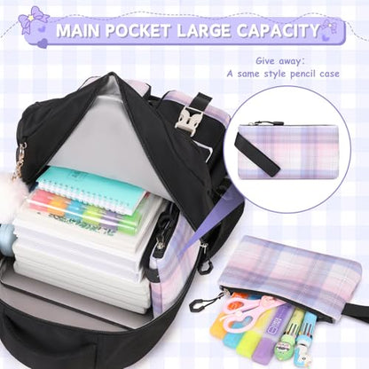 MOONBABY Girls Backpack, Kids Backpack for Girls School Bags with Lunch Bag & Pen Case, Bow Plaid Book Bag for Elementary Middle Primary High School College,Black-3pcs - color: Black Set