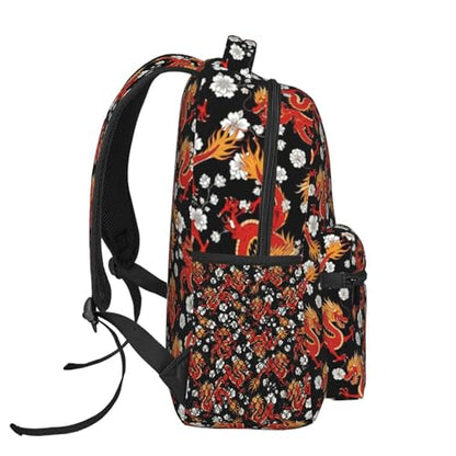 Water Resistant Casual Backpack Japanese Chinese Dragon Flower Black Floral, Hiking Daypack with Side Mesh Pockets for Men Women and Outdoor Activities - color: Pattern (233)