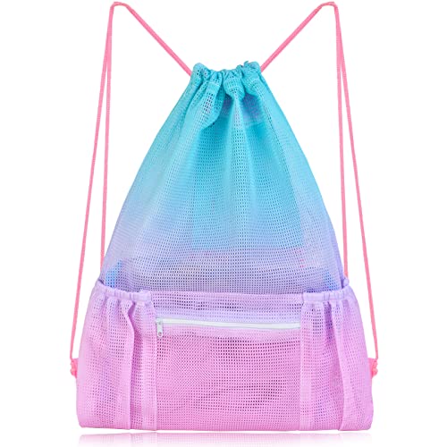Mesh Drawstring Bag with Zipper Pocket, Beach Bag for Swimming Gear Backpack Gym Storage Bag for Adult Kids (Pink Blue) - color: Pink Blue