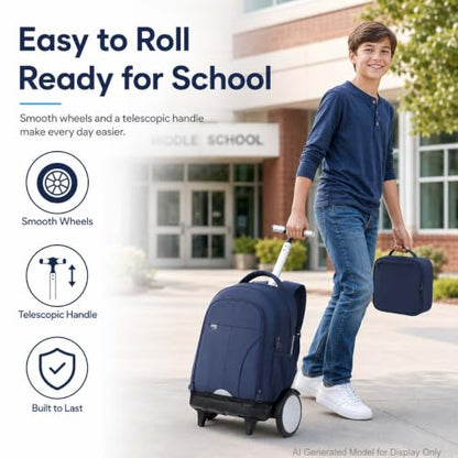 AGSDON Quiet Glide Rolling Backpack with Lunch Box Set - Large Wheel Water-Resistant Wheeled Bag for Business, Travel, and College | Navy Blue 3-in-1 Organizer Backpack - color: Reflective Blue - Rolling Backpack
