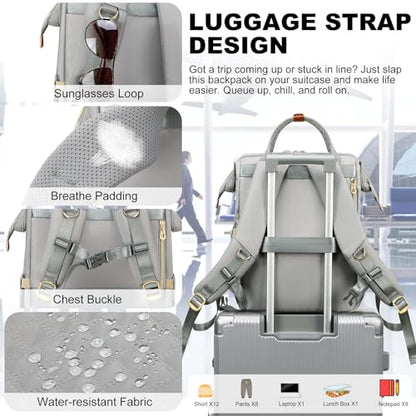 AIJIEKE Lunch Backpack for Women, 15.6 Inch Laptop Backpack with Detachable Insulated Cooler Lunch Box, 2-in-1 Water Resistant Work Computer Bag for Nurse Teacher College Commute, Grey - color: Grey