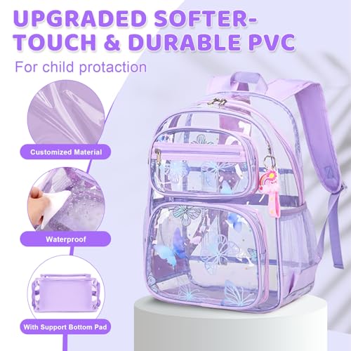 ACESAK Clear Backpack for Girls - 3 Pcs Clear Backpack Heavy Duty with Lunch Bag - See Through Bookbag Stadium Approved for Kids Middle High College School(Purple Butterfly) - color: Purple Butterfly