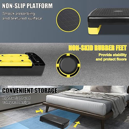 Height-Adjustable 4''-6'' Step Aerobics Platform Fitness Equipment Stepper Trainer Exercise Step Platform with 2 Riser