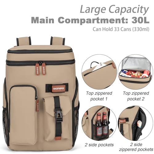 BAGPARKK Insulated Cooler Backpack,33/45 Cans Multifunctional Double Deck Leakproof Cooler Bag with Sternum Strap,Large Capacity Lightweight Travel Camping Beach Backpack - color: Beige, size: 33Can