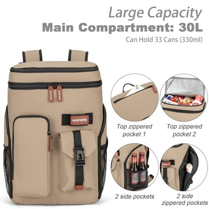 BAGPARKK Insulated Cooler Backpack,33/45 Cans Multifunctional Double Deck Leakproof Cooler Bag with Sternum Strap,Large Capacity Lightweight Travel Camping Beach Backpack - color: Beige, size: 33Can