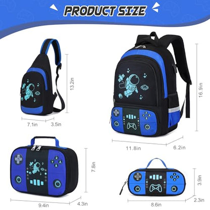 Bevalsa Backpack for School Boys, Cool Luminous Gamer Boys Schoolbag with Sling Bag,Lunch Box & Pencil Case for Kids Children Teens Elementary Middle School(Blue Astronaut Backpack with Shoulder Bag) - color: Blue Astronaut, style: Backpack With Shoulder