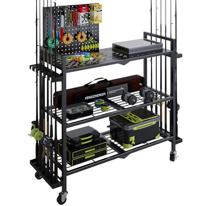 Fishing Rod Holders for Garage, 12-Slot Rolling Pegboard Cart, BLK - color: Black