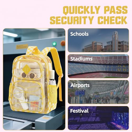 Clear Backpacks for Girls Women, Heavy Duty PVC Transparent Back Pack See Through Boys Kids Clear Bookbags for School - Checkered Yellow - color: Checkered Yellow