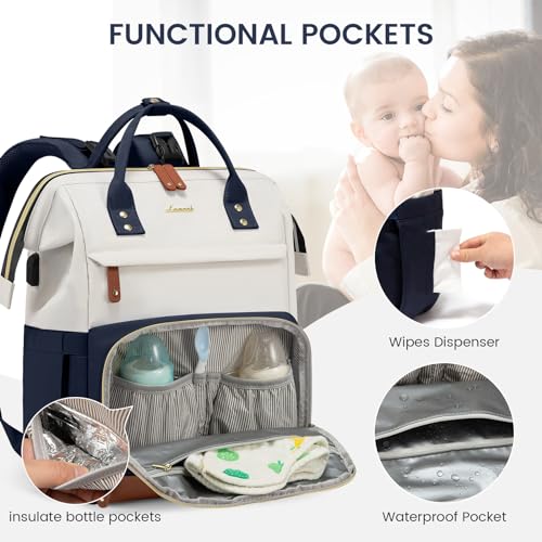 LOVEVOOK Diaper Bag Backpack, Baby Bag with Changing Station, Large Diaper Backpack for Mom Dads, Waterproof Leather Mommy Bag for Boy and Girl, Travel Essential Baby Shower, Navy Blue-Beige - color: Navy Blue-beige