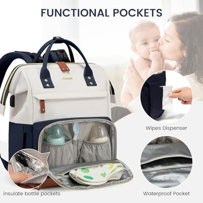 LOVEVOOK Diaper Bag Backpack, Baby Bag with Changing Station, Large Diaper Backpack for Mom Dads, Waterproof Leather Mommy Bag for Boy and Girl, Travel Essential Baby Shower, Navy Blue-Beige - color: Navy Blue-beige