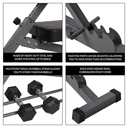 HolaHatha Adjustable Flat & Decline Bench, Weight Lifting and Training Equipment for Full Body Workout - Padded Seat and Dumbbell Storage