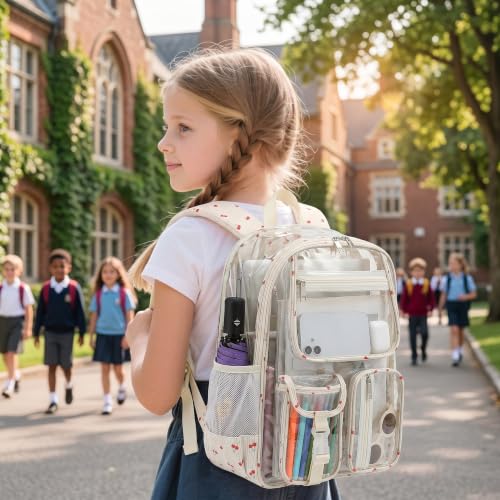 Clear Backpacks for Girls Women, Heavy Duty PVC Transparent School Bookbag See Through Back Pack for College Work Travel (Cherry Beige) - color: Cherry Beige
