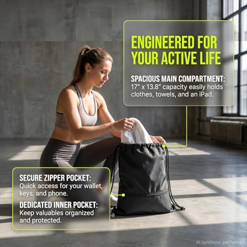 Drawstring Backpack Sackpack String Bag Sports Gym Bag with Zip Pocket for Men Women 17''x13.8''