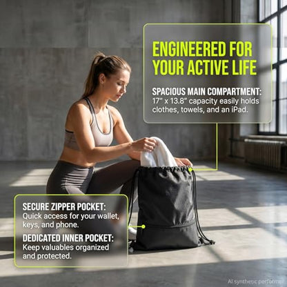 Drawstring Backpack Sackpack String Bag Sports Gym Bag with Zip Pocket for Men Women 17''x13.8''