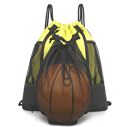 STAY GENT Drawstring Basketball Backpack for Boys, Foldable Soccer Backpack Gym Bag Sackpack Sports Sack with Detachable Ball Mesh Bag for Volleyball Baseball Yoga - color: Yellow