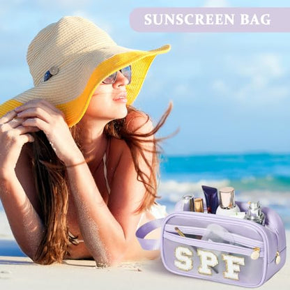 COSHAYSOO Clear Sunscreen Bag Makeup Toiletries Pouch Beach Vacation Essentials Summer Travel Stuff Accessories Personalized Graduation Gifts for Her Women College Teen Girls Teacher Nurse Purple SPF - color: Purple-SPF