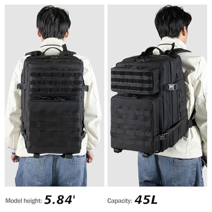 45L Army Tactical Backpack For Men,Large Military Assault Pack 3 Day Bug Out Bag For Women, Molle Daypack Camping Outdoor Mountaineering Backpacks Black Rucksack Survival