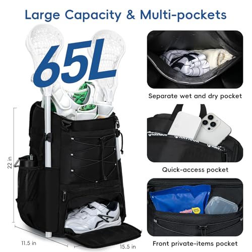 KAVIGOR Lacrosse Bag 65L, Extra Large Lacrosse Gear Backpack with Multi-Pocket Design, Helmet Holder & Ventilated Shoe Compartment - color: Black
