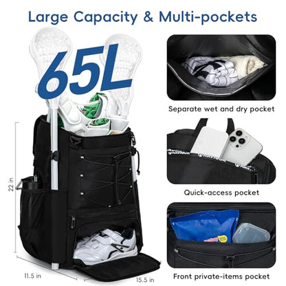 KAVIGOR Lacrosse Bag 65L, Extra Large Lacrosse Gear Backpack with Multi-Pocket Design, Helmet Holder & Ventilated Shoe Compartment - color: Black