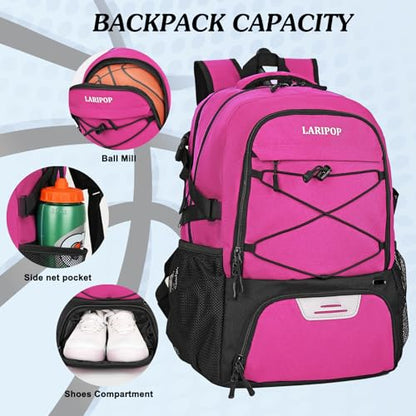 LARIPOP Basketball Backpack Large Basketball Bag with Ball Holder & Shoe Compartment for Adults Men Women - color: Pink