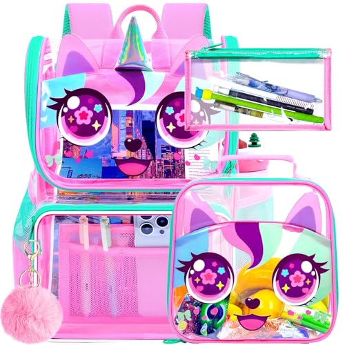 UFNDC 3PCS Clear Backpack for Girls and Boys, Unicorn Cat Transparent Bookbag, See Through School Bag for Kids Elementary - color: Unicorn Pink Clear Backpack Set