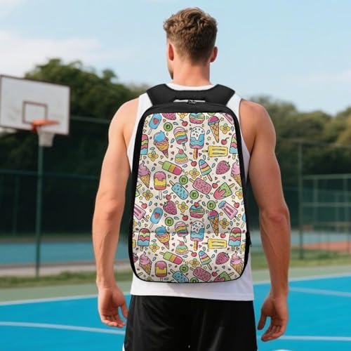18.5in Basketball Backpack Basketball Bag with Shoe Compartment & Ball Holder, Waterproof Bag for Soccer Volleyball - color: Cartoon Fruit Ice Cream Print