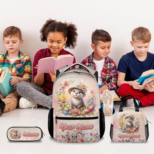 Mercuryelf Personalized Backpack for Girls, Otter 3PCS Kids Backpack Set with Lunch Bag & Pencil Case; 17 Inch Water Resistant School Bookbag for Elementary Kindergarten - color: Pink