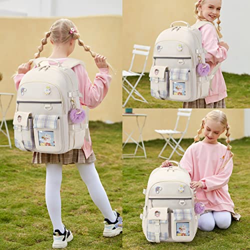 Backpack for Girls, 15.6 Inch Laptop School Bag Kids Kindergarten Elementary College Backpacks Large Bookbags for Teen Girl Women Students Casual Travel Daypacks (Beige) - color: Beige