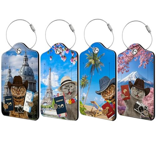 Luggage Tags for Suitcases, 4 Pcs Luggage Tags with Privacy Cover and Durable Metal Ring for Travel, Name Address Tags for Men Women Kids Suitcase and Backpack (Funny Cat and Passport) - color: Funny Cat and Passport