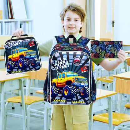 16" Truck Backpack for Boys, 3Pcs Bookbag with Lunch Box, Kids School Backpacks Set for Elementary Preschool Kindergarten (Balck) - color: Truck Yellow