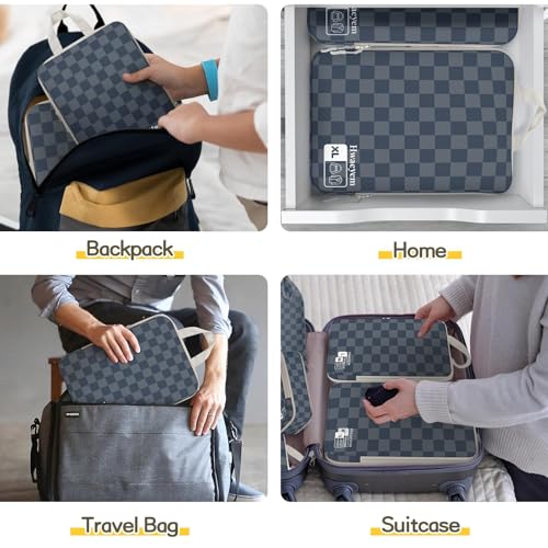 8 Set Compression Packing Cubes for Travel, Lightweight Dual Zipper Packing Cubes, Space-Saving Suitcase Organizer for Travel/Business Trip/Family Vacation (Blue-Gray Checkered) - color: 8 Set Blue-Gray Checkered