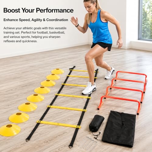Agility Ladder Speed Training Kit, Soccer Training Equipment Set, PP Rung Agility Ladder Synthetic Disc Cones with Storage Bag