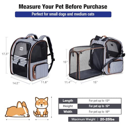 Extra Large Cat Backpack Carrier Expandable Pet Carrier Backpack for Small Dogs Medium Cats Fit Up to 18 Lbs, Dog Backpack Carrier, Foldable Puppy Backpack Carrier for Travel, Hiking,Striped - color: Striped